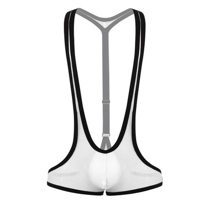 Hedmy Men's See Through Mesh Fishnet Suspenders Wrestling Singlet Y-Back Leotard Hipster Bodysuits White One Size
