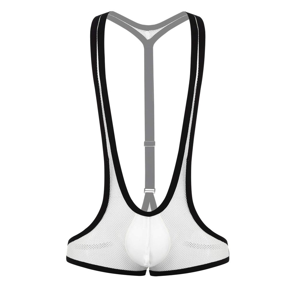 Hedmy Men's See Through Mesh Fishnet Suspenders Wrestling Singlet Y-Back Leotard Hipster Bodysuits White One Size
