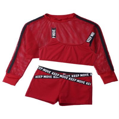 Hansber Kids Girls Cool Jazz Dance 3 Piece Outfit Workout Tracksuit Short Net Blouse with Boyshorts Red 14 Years
