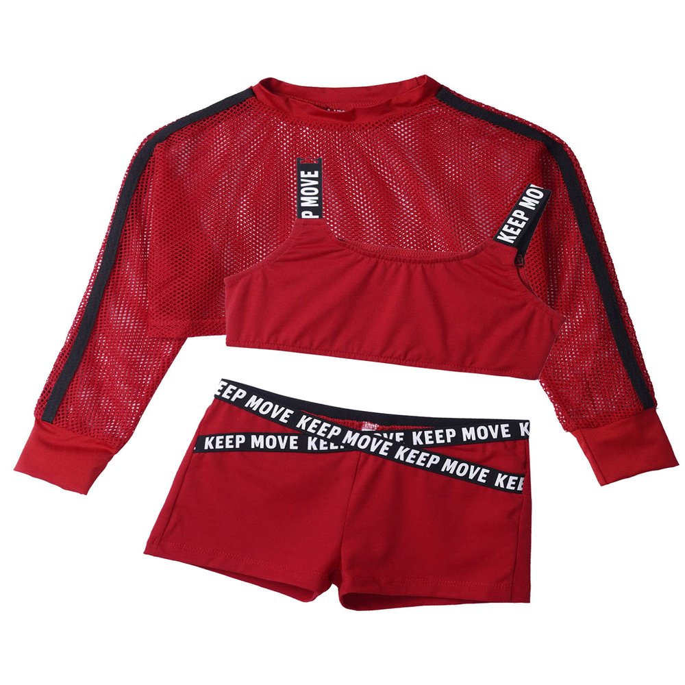 Hansber Kids Girls Cool Jazz Dance 3 Piece Outfit Workout Tracksuit Short Net Blouse with Boyshorts Red 14 Years