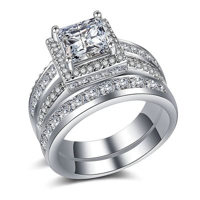 18K Rose Gold Womens Ring Set 925 Sterling Silver Vintage Square Zirconia Full Diamond Ring moissanite White Topaz Couple Ring Eternity Engagement Wedding Anniversary Band Ring ST.411 (White, 7)