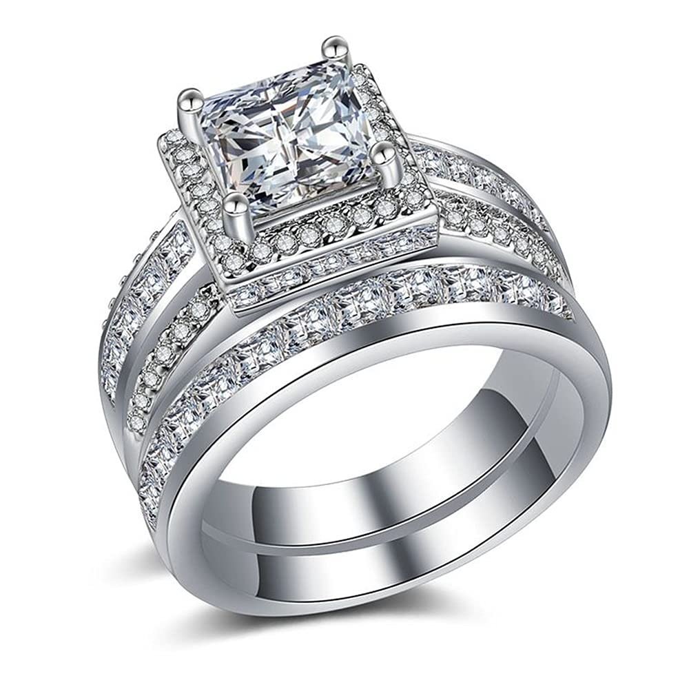 18K Rose Gold Womens Ring Set 925 Sterling Silver Vintage Square Zirconia Full Diamond Ring moissanite White Topaz Couple Ring Eternity Engagement Wedding Anniversary Band Ring ST.411 (White, 7)