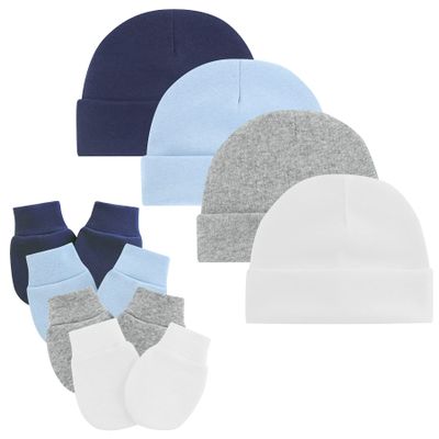 Zando Baby Hats and Mittens Infant Beanie Caps 4-Pack Dark Blue/Sky Blue/Grey/White Newborn Hospital Hat Essentials Must Haves Warm Knit Beanie Safety Anti-Scratch Gloves for Baby Boys Girls 0-6M