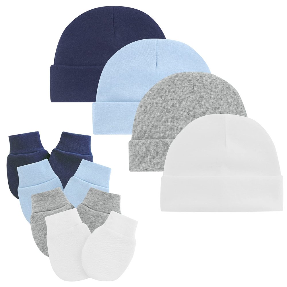 Zando Baby Hats and Mittens Infant Beanie Caps 4-Pack Dark Blue/Sky Blue/Grey/White Newborn Hospital Hat Essentials Must Haves Warm Knit Beanie Safety Anti-Scratch Gloves for Baby Boys Girls 0-6M