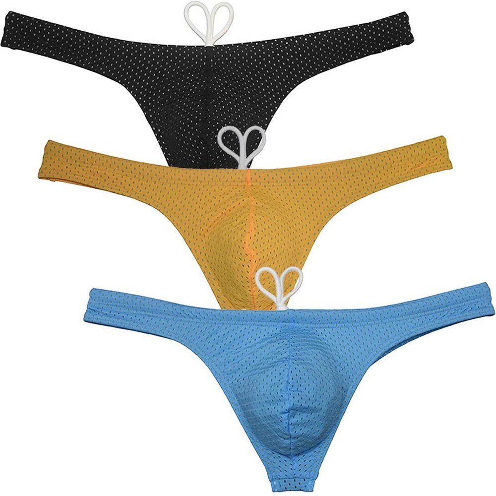 JAXFSTK Men's Tan Swim Thong Breathable Holes Bikini Swimwear Board Surf Trunks Pouch Tangas Swimsuit 3-Pack(Black,Yellow,Light Blue) L