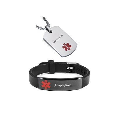 ZKXXJ Medical Alert ID Necklace and Bracelet Set for Men Women Anaphylaxis Stainless Steel Medic Identification Pendant Necklaces & Silicone Cuff Bracelets Allergy Awareness Jewelry