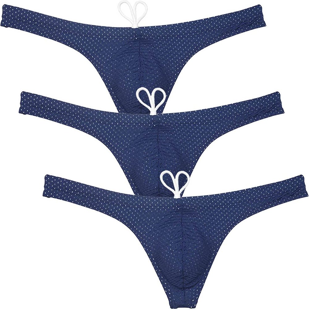 JAXFSTK Men's Tan Swim Thong Breathable Holes Bikini Swimwear Board Surf Trunks Pouch Tangas Swimsuit 3-Pack(Navy Blue) XL
