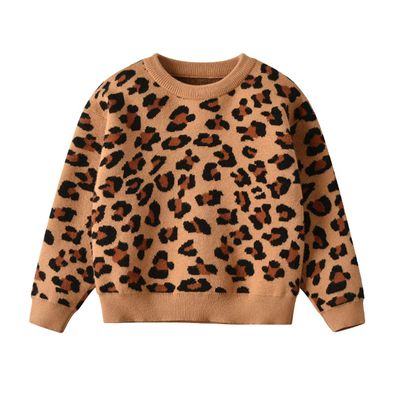 HEYDHSDC Spring and Autumn Leopard Print Sweater Kids Boy and Girl Sweaters Baby Girl Brown 5-6 Years