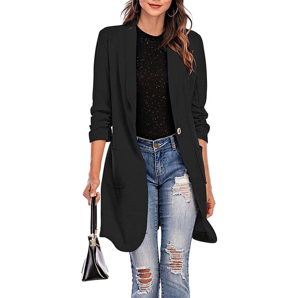 XUETON Womens Casual Open Front Cardigan Lapel Long Sleeve Work Office Blazer Jackets Trench Coat Windbreaker Plus Size Black