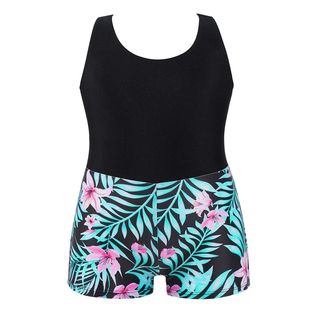 Yartina Kids Girls 1 Piece Rash Shirt Swim Sets Athletic Swimsuit Sleeveless Cutout Back Bathing Suit Black Lily 6 Years