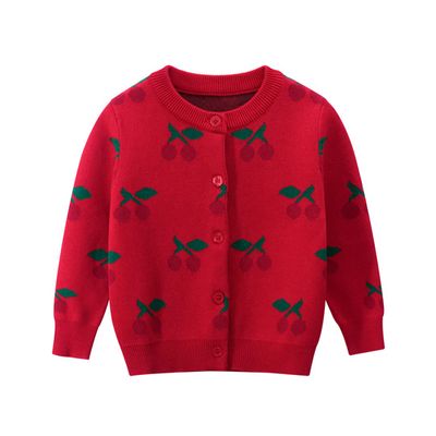 Child Girl Winter Cherry Pattern Knitted Sweater O-Neck Knit Jacket Red 4t