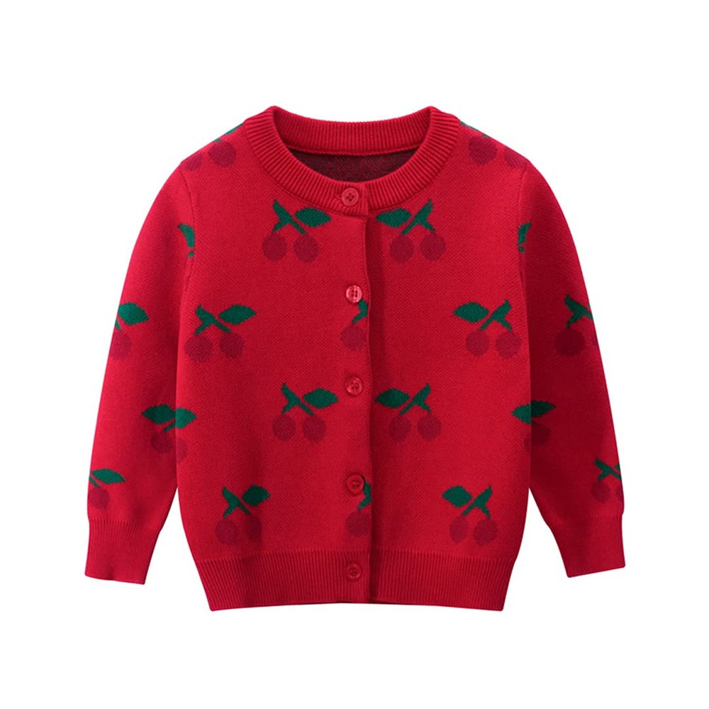 Child Girl Winter Cherry Pattern Knitted Sweater O-Neck Knit Jacket Red 4t