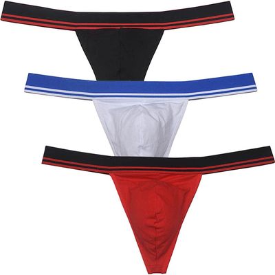JAXFSTK Men's Stretch Cotton Bikini Thong Underwear Wide Waistband T-Back Soft String Tangas Bulge Pouch 3-Pack(Black,White,Red) L