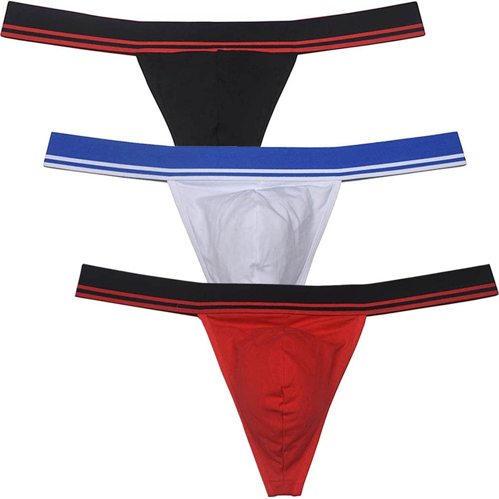 JAXFSTK Men's Stretch Cotton Bikini Thong Underwear Wide Waistband T-Back Soft String Tangas Bulge Pouch 3-Pack(Black,White,Red) L