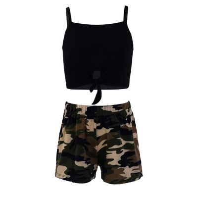 Choomomo Kids Girls 2 Pieces Dance Outfits Sleeveless Tank Tops with Shorts Athletic Leotard Tracksuit Green_Camouflage 6 Years