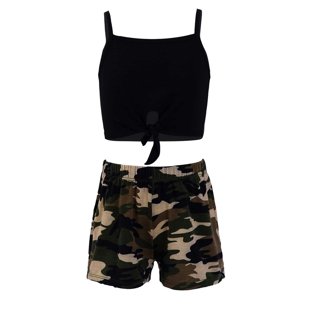 Choomomo Kids Girls 2 Pieces Dance Outfits Sleeveless Tank Tops with Shorts Athletic Leotard Tracksuit Green_Camouflage 6 Years