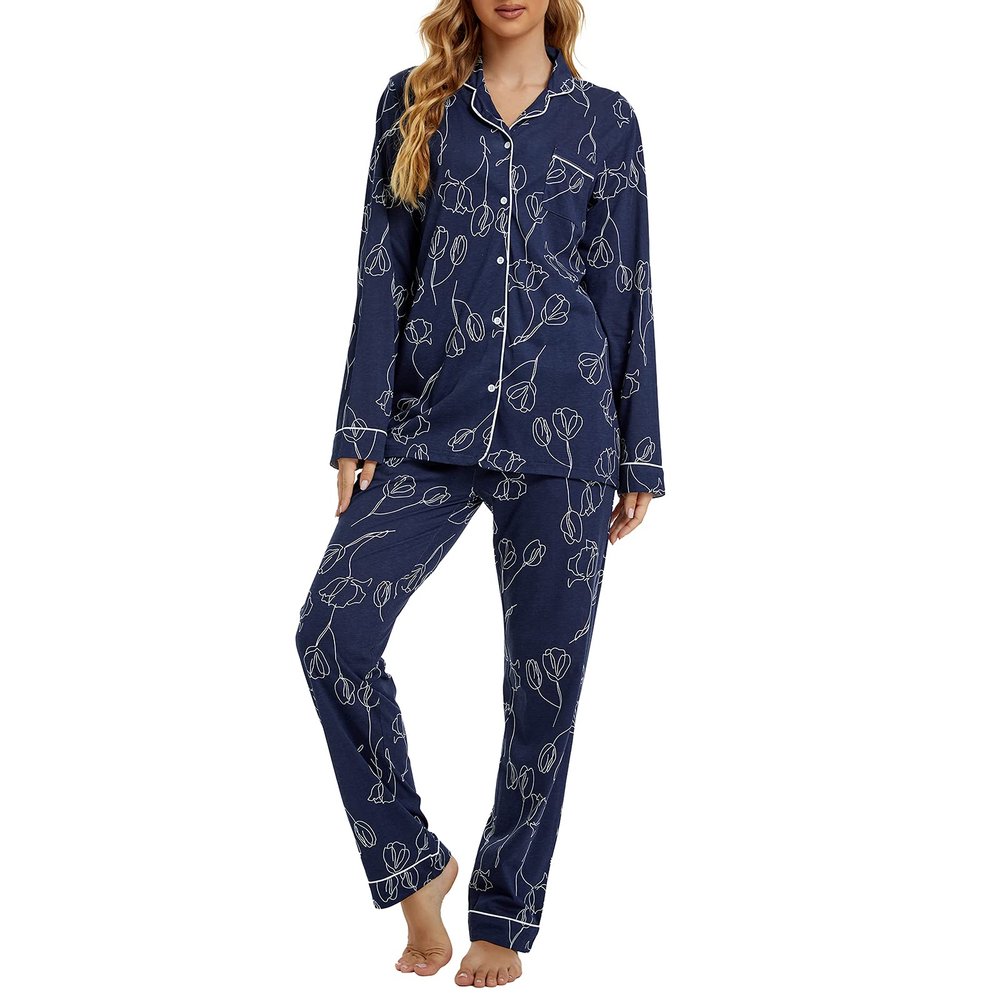 Tugege Pajamas Set Long Sleeve Sleepwear Womens Button Down Nightwear Pj Sets