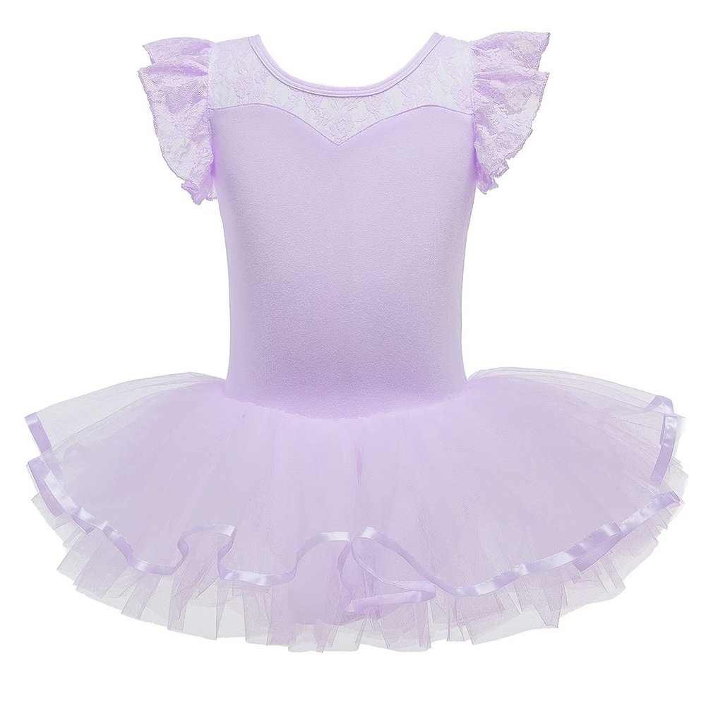 MYRISAM Toddler Girls Flutter Sleeve Lace Ballet Dance Dress Tutu Skirted Leotard Ballerina Dancewear Gymnastics Costume Lavender 8-9T