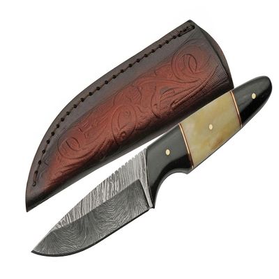 SZCO SANZ Damascus Hunting Knife 7.5 Inch - Camping Knife with Horn & Bone Handle, Full Tang Blade & Sheath for Hunting & Outdoor uses for Men