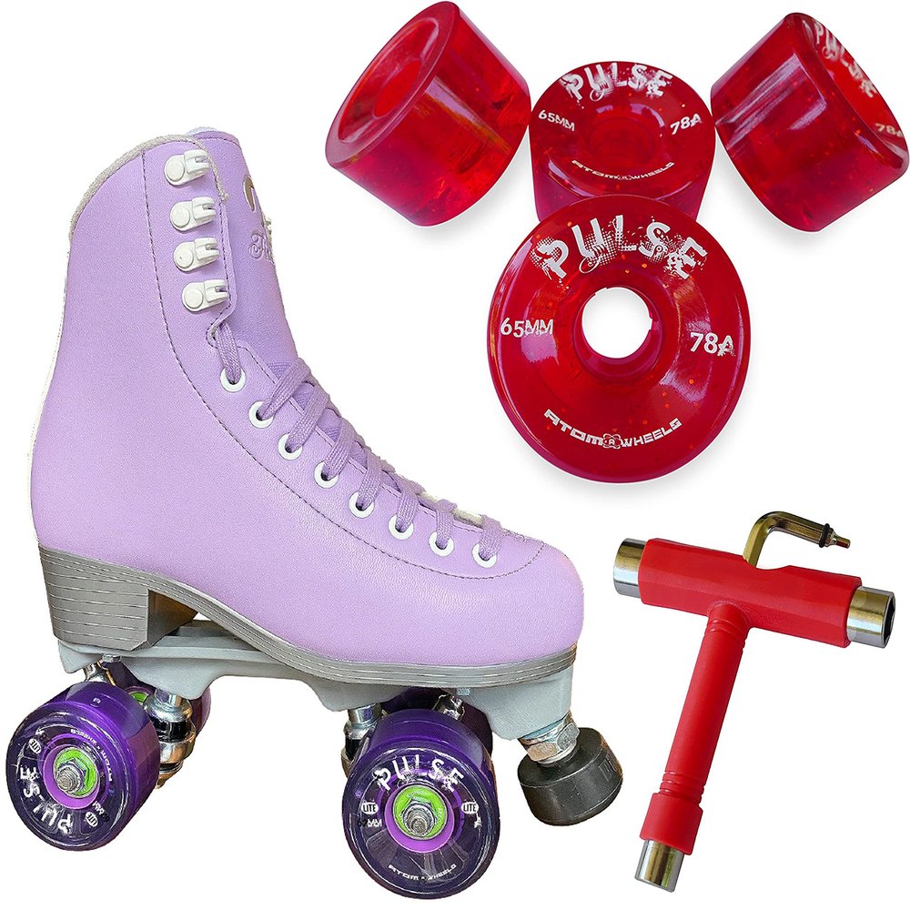 Atom Skates Jackson Finesse Roller Skates/Viper Nylon Plate/Size: Women's Adult 8 Color: Lilac Bundled with Red Pulse Glitter Wheels and Tool