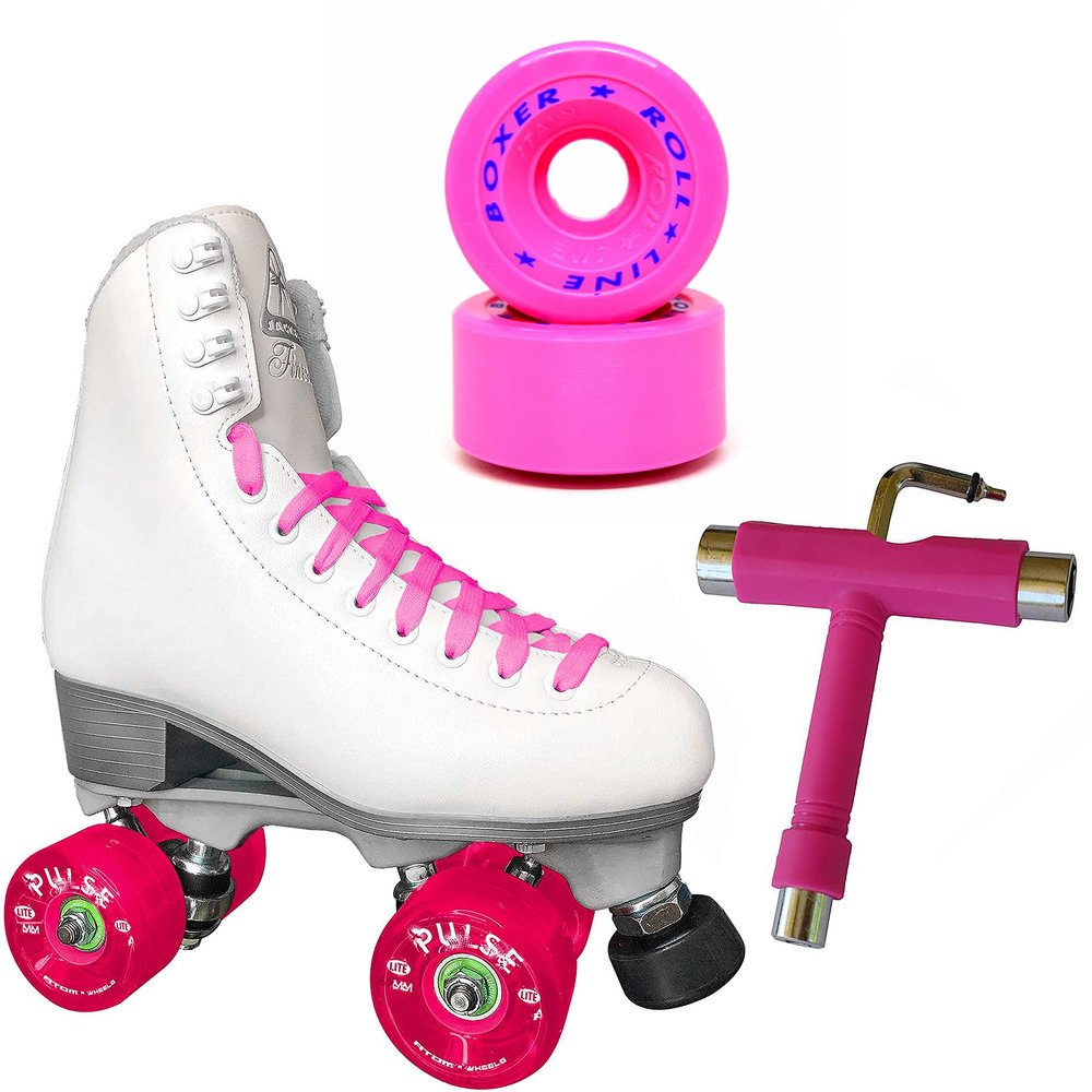 Atom Skates Jackson Finesse Roller Skates/Viper Nylon Plate/Size: Women's Adult 4 Color: White Boot/Pink Laces, Artistic Roll-Line Boxer Wheels and Tool