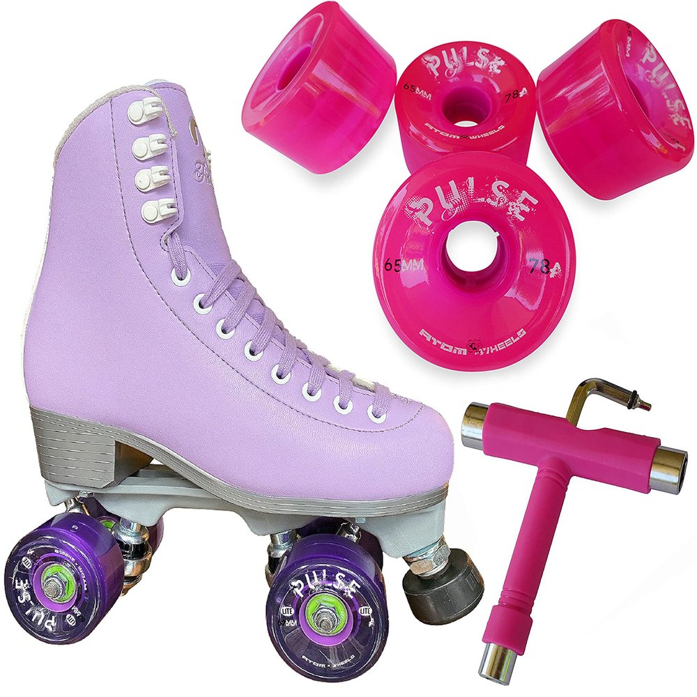 Atom Skates Jackson Finesse Roller Skates/Viper Nylon Plate/Size: Women's Adult 9 Color: Lilac Bundled with Pink Pulse Wheels and Tool