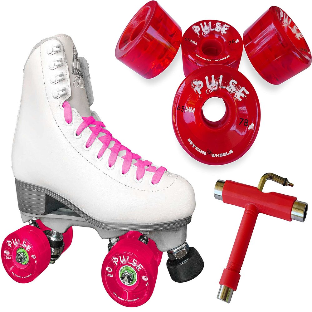 Atom Skates Jackson Finesse Roller Skates/Viper Nylon Plate/Size: Women's Adult 4 Color: White Boot/Pink Laces, Red Pulse Wheels and Tool