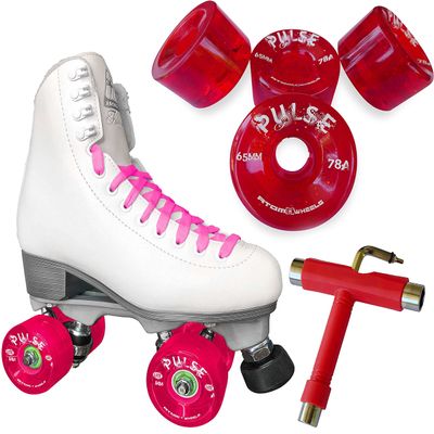 Atom Skates Jackson Finesse Roller Skates/Viper Nylon Plate/Size: Women's Adult 4 Color: White Boot/Pink Laces, Red Pulse Glitter Wheels and Tool