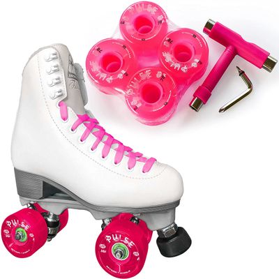 Atom Skates Jackson Finesse Roller Skates/Viper Nylon Plate/Size: Women's Adult 5 Color: White Boot/Pink Laces, Pink Pulse Lite Wheels and Tool