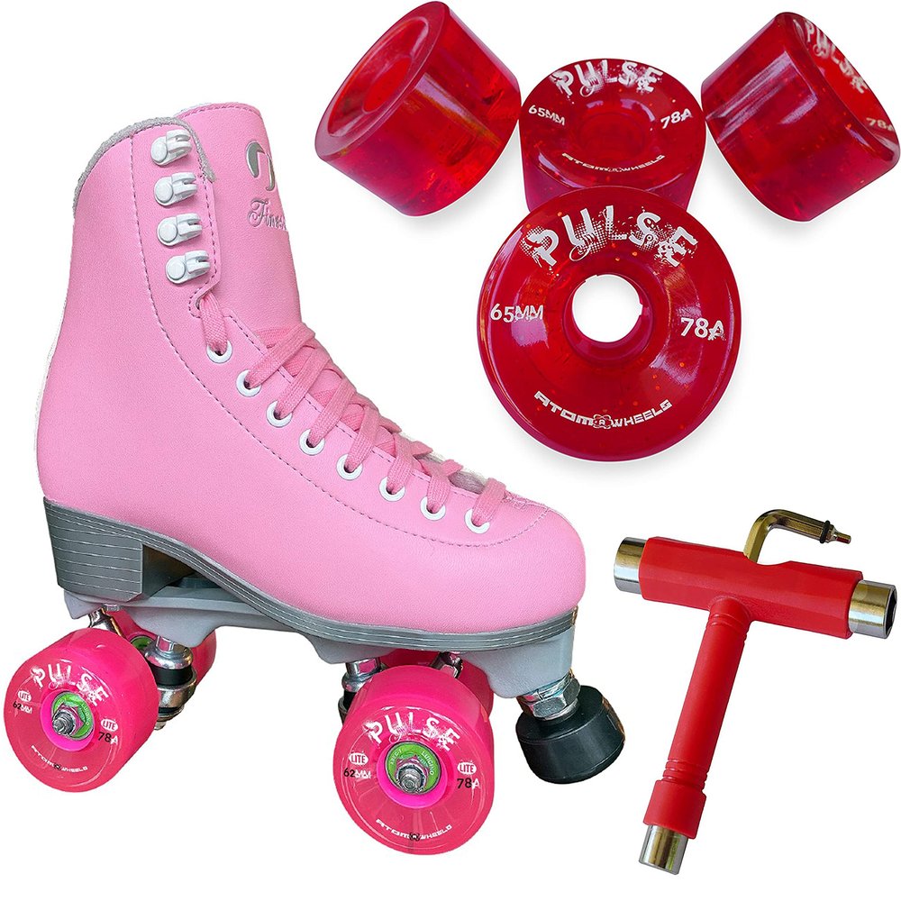 Atom Skates Jackson Finesse Roller Skates/Viper Nylon Plate/Size: Women's Adult 9 Color: Pink Bundled with Red Pulse Glitter Wheels and Tool