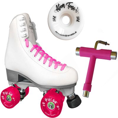 Atom Skates Jackson Finesse Roller Skates/Viper Nylon Plate/Size: Women's Adult 6 Color: White Boot/Pink Laces, Artistic Tone Wheels and Tool