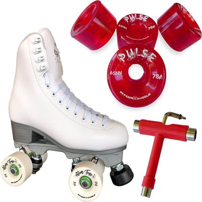 Atom Skates Jackson Finesse Roller Skates/Viper Nylon Plate/Size: Women's Adult 6 Color: White Bundled with Red Pulse Glitter Wheels and Tool