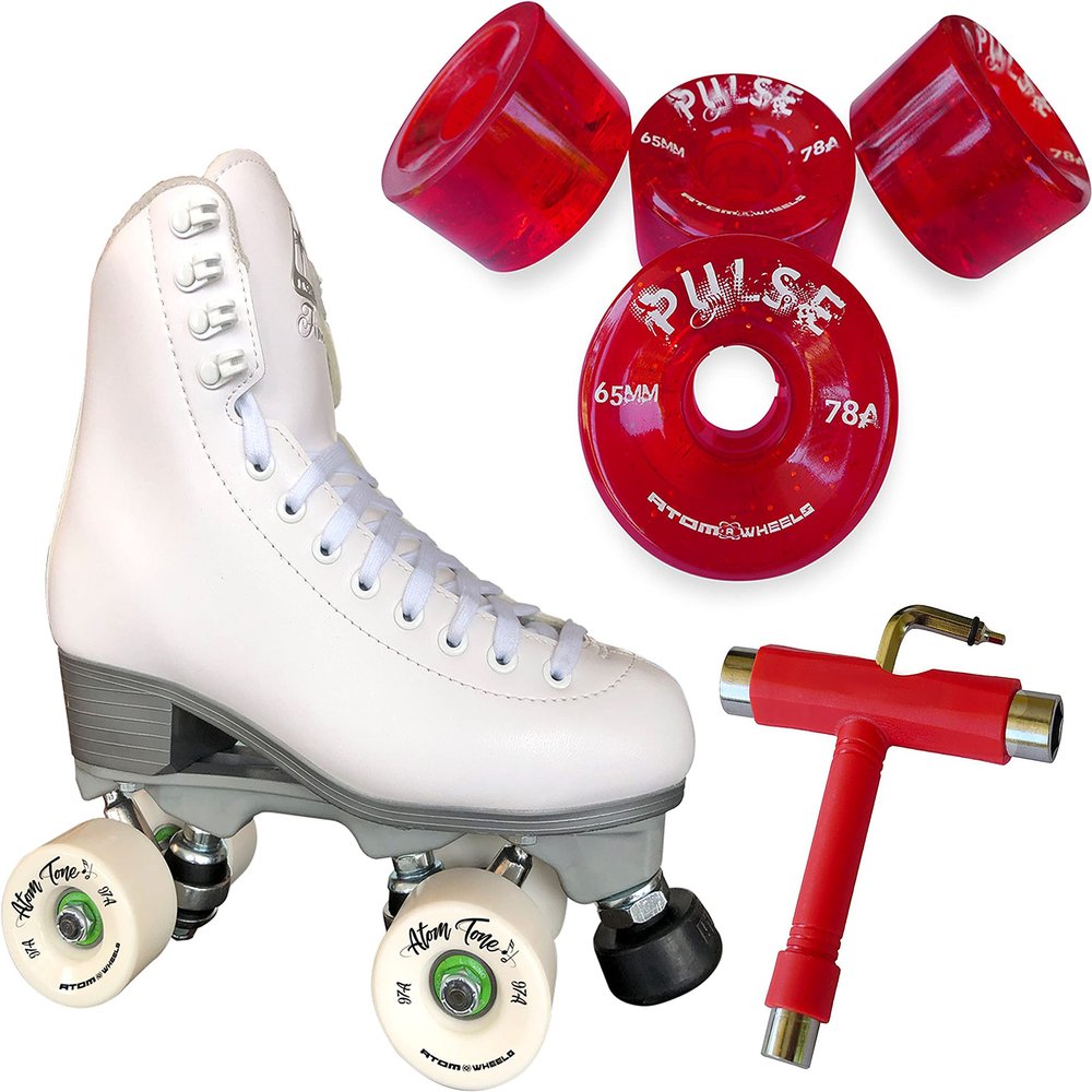 Atom Skates Jackson Finesse Roller Skates/Viper Nylon Plate/Size: Women's Adult 6 Color: White Bundled with Red Pulse Glitter Wheels and Tool