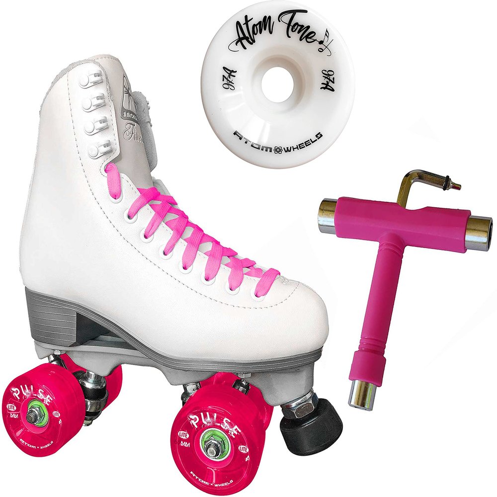 Atom Skates Jackson Finesse Roller Skates/Viper Nylon Plate/Size: Women's Adult 5 Color: White Boot/Pink Laces, Artistic Tone Wheels and Tool