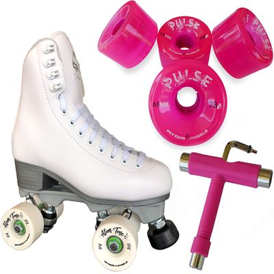 Atom Skates Jackson Finesse Roller Skates/Viper Nylon Plate/Size: Women's Adult 9 Color: White Bundled with Pink Pulse Wheels and Tool