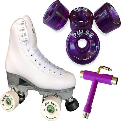 Atom Skates Jackson Finesse Roller Skates/Viper Nylon Plate/Size: Women's Adult 7 Color: White Bundled with Purple Pulse Wheels and Tool