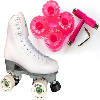 Atom Skates Jackson Finesse Roller Skates/Viper Nylon Plate/Size: Women's Adult 4 Color: White Bundled with Pink Pulse Lite Wheels and Tool
