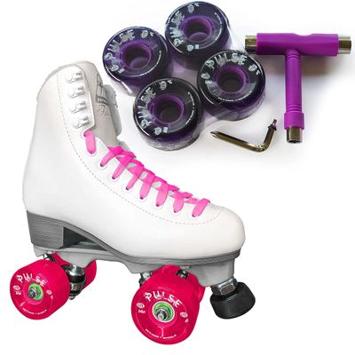 Atom Skates Jackson Finesse Roller Skates/Viper Nylon Plate/Size: Women's Adult 4 Color: White Boot/Pink Laces, Purple Pulse Lite Wheels and Tool