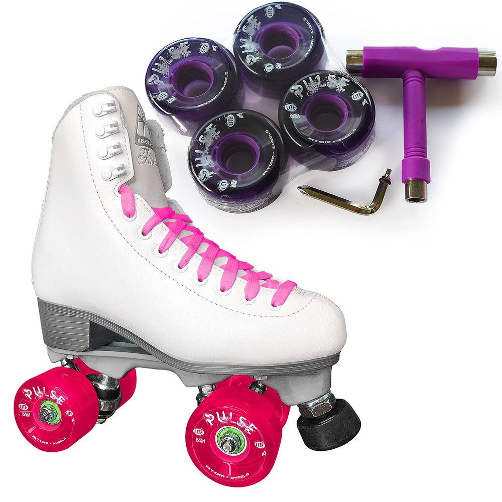 Atom Skates Jackson Finesse Roller Skates/Viper Nylon Plate/Size: Women's Adult 4 Color: White Boot/Pink Laces, Purple Pulse Lite Wheels and Tool