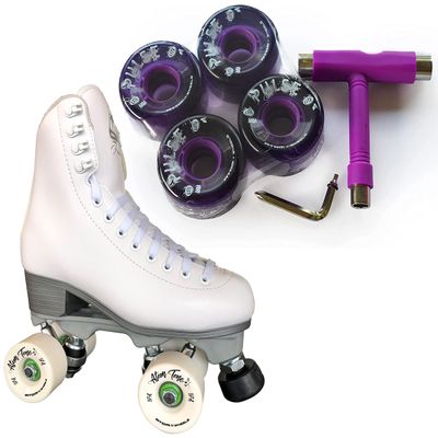Atom Skates Jackson Finesse Roller Skates/Viper Nylon Plate/Size: Women's Adult 7 Color: White Bundled with Purple Pulse Lite Wheels and Tool