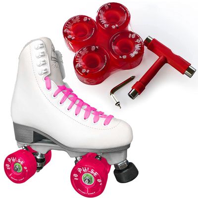 Atom Skates Jackson Finesse Roller Skates/Viper Nylon Plate/Size: Women's Adult 5 Color: White Boot/Pink Laces, Red Pulse Lite Wheels and Tool