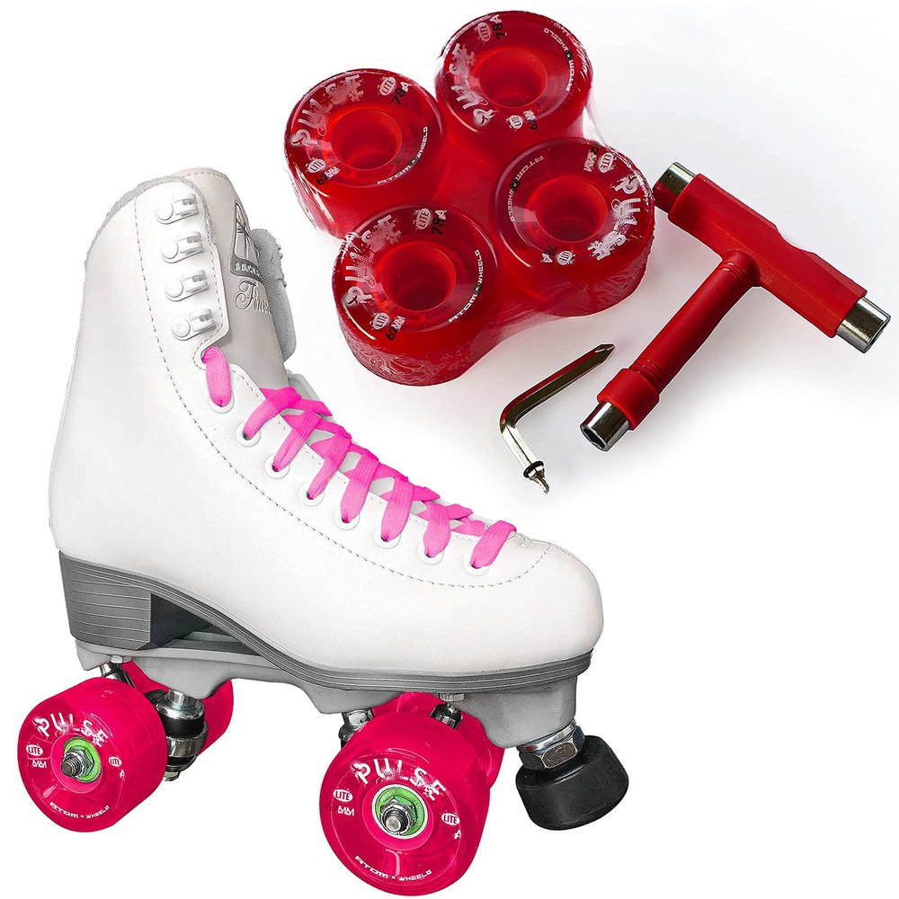 Atom Skates Jackson Finesse Roller Skates/Viper Nylon Plate/Size: Women's Adult 8 Color: White Boot/Pink Laces, Red Pulse Lite Wheels and Tool