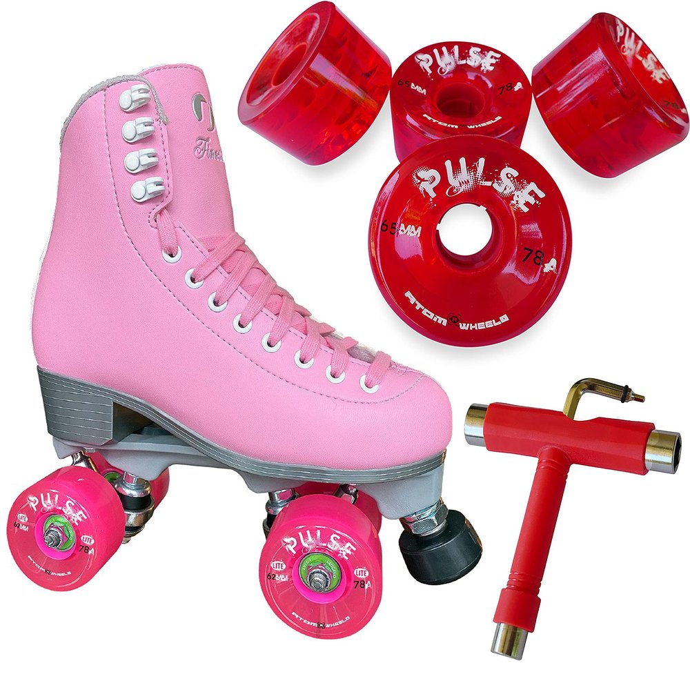 Atom Skates Jackson Finesse Roller Skates/Viper Nylon Plate/Size: Women's Adult 8 Color: Pink Bundled with Red Pulse Wheels and Tool