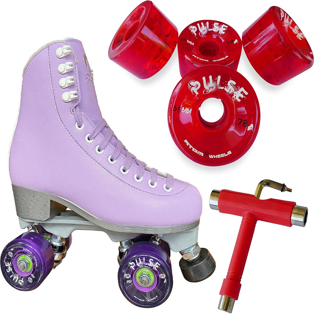 Atom Skates Jackson Finesse Roller Skates/Viper Nylon Plate/Size: Women's Adult 8 Color: Lilac Bundled with Red Pulse Wheels and Tool