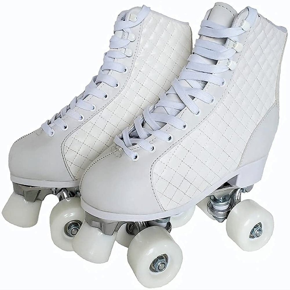 Classic Adult Size 6.5 Women's All White High Roller Skates with White Flash Light up Wheels for Fitness and Dance Used for Both Indoor and Outdoor Skating Made with Premium Quilted Faux Leather