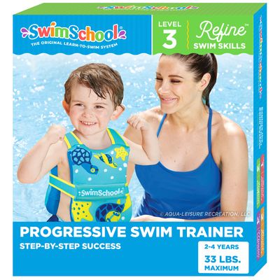 SwimSchool Swim Trainer Vest with UPF50 Shoulder Sleeves, Stretchable Fabric, Flex-Form Design, Adjustable Safety Strap, Medium/Large, Up to 50 Lbs., Blue/Orange,AZO20938BL
