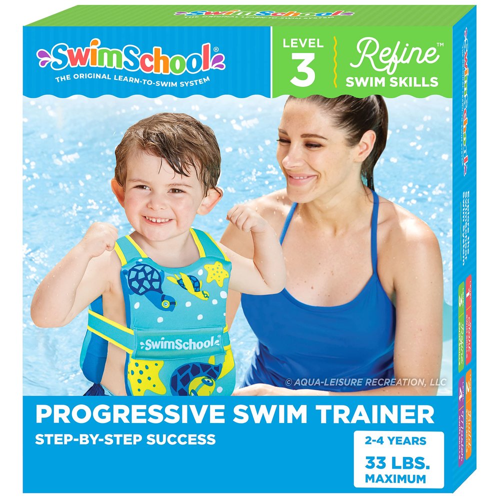 SwimSchool Swim Trainer Vest with UPF50 Shoulder Sleeves, Stretchable Fabric, Flex-Form Design, Adjustable Safety Strap, Medium/Large, Up to 50 Lbs., Blue/Orange,AZO20938BL