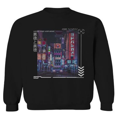 0408. Aesthetic Japanese City Vaporwave Art Cyberpunk Retro Street wear Men's Crewneck Sweatshirt (Black X-Large)