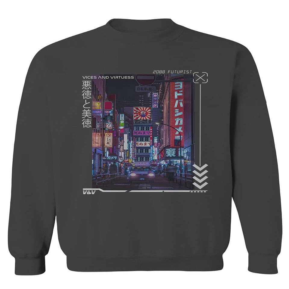 0408. Aesthetic Japanese City Vaporwave Art Cyberpunk Retro Street wear Men's Crewneck Sweatshirt (Characol Large) Charcoal