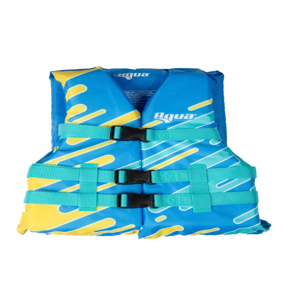 Aqua Leisure New Oceans7 US Coast Guard-Approved, Type III  Youth Life Jacket  Personal Flotation Device with with Comfortable Flex-Form-Fit Open-Sided Design  Seafoam Blue Lemon,12415A